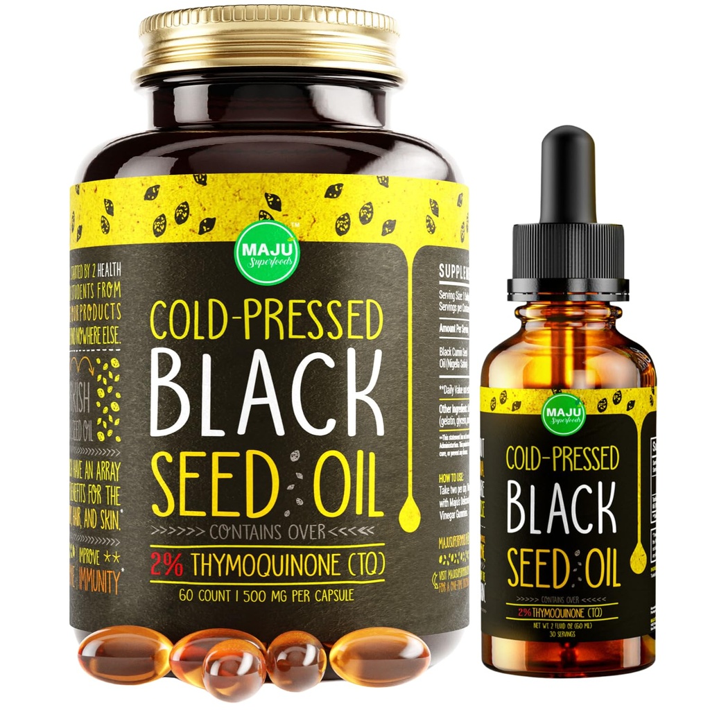 Maju Superfoods Black Seed Oil 2 oz ve Black Seed Oil Capsules