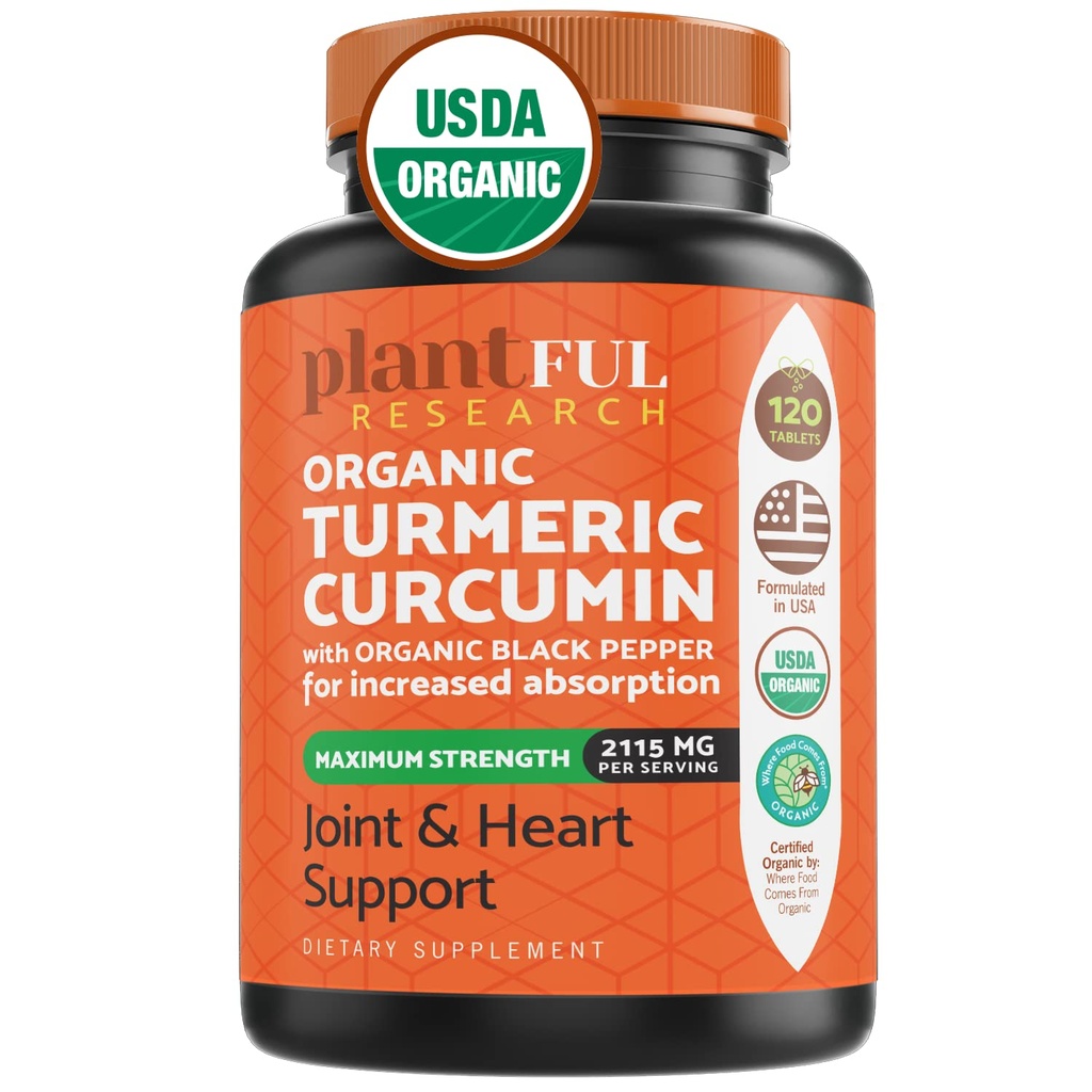 Black Pepper Highest Potency USDA ile Organik Turmeric Supplement [Non-GMO Organik Curcumin 2115 mg] Antioksi Joint & Immune Support 120 Tablets