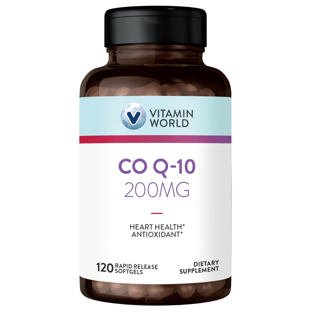 World Vitamin CoQ10 200 mg Softgels, Coenzyme Q10 Antioksi Destek, Kalp Sağlığı ve Enerji Üretimi, Gluten Free, 120 Hızlı Yayın Softgels