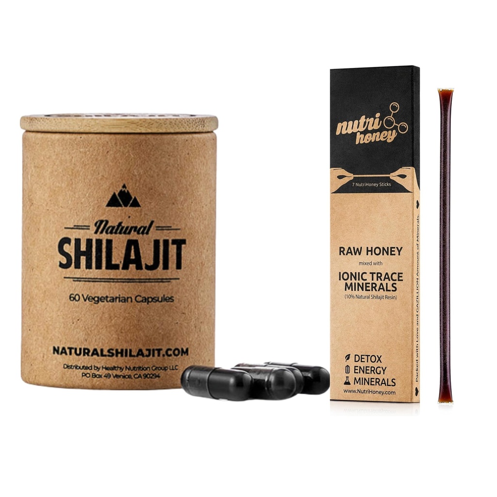 Doğal Shilajit Capsules (1-2 Ay Supply) - 60 Kont & Shilajit Honey Sticks - Natural Shilajitwear Karma with Raw Honey (7 Sticks)