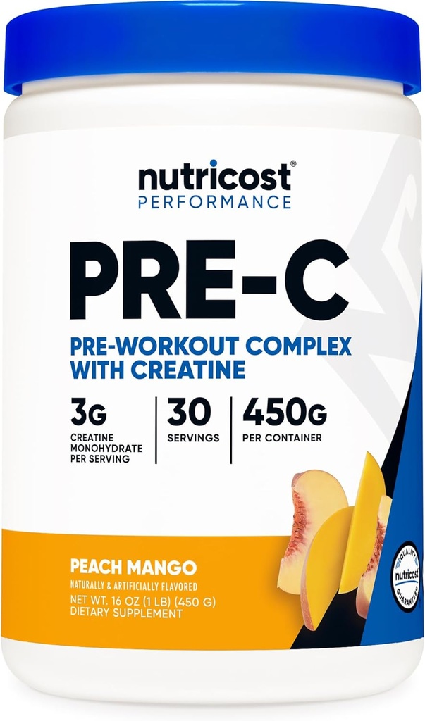 Nutricost Pre-C Pre-Workout Kompleks witht Tinaine (Peach Mango | 30 Hizmet) Toz - Fintess Routines, 450g