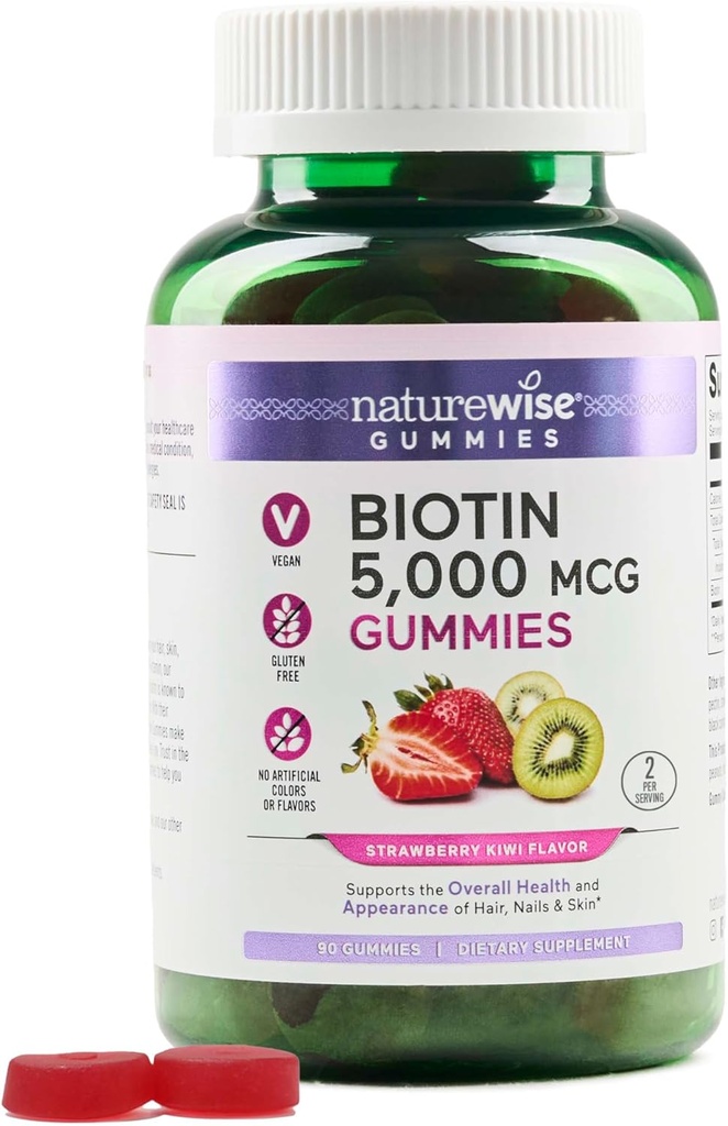 NatureWise Biotin Gummies - Supports Healthy Hair, Skin and Strong Nails - Vitamin B7 5000mcg - Natural Beauty - Strawberry-Kiwi Flavor - Vegan, Non-GMO, Gluten Free - 90 Count[45 Day Supply]