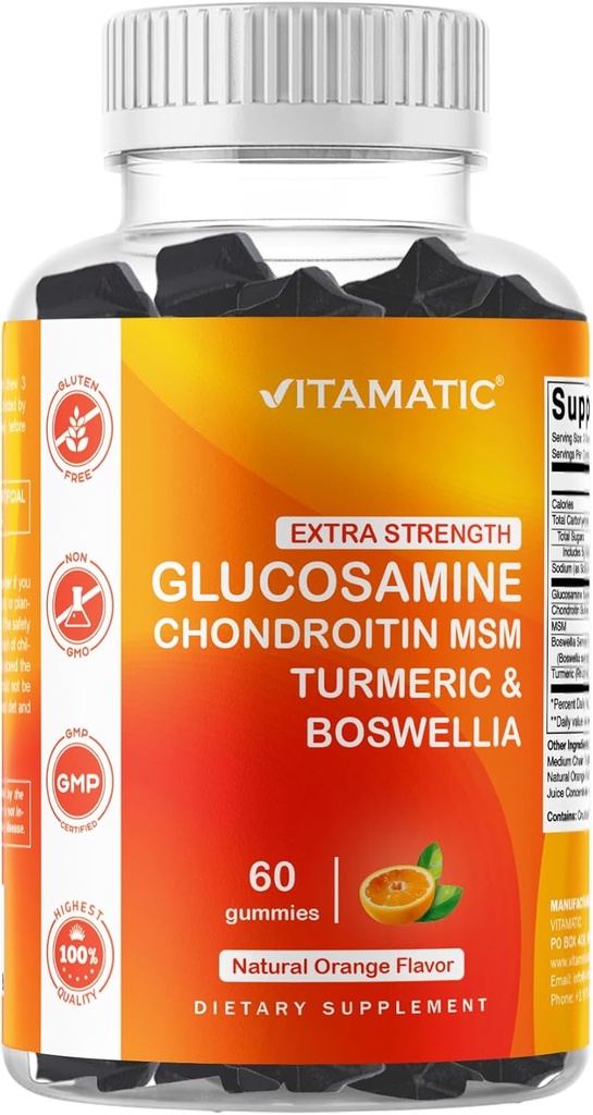 Vitamatic Extra Strength Glucosamine Chondroitin Gummies with MSM, Turmeric & Boswellia – 60 Pectin-Based Gummies Gelişmiş Ortak Destek Formula – Sugar-Free, Non-GMO, Gelatin-Free