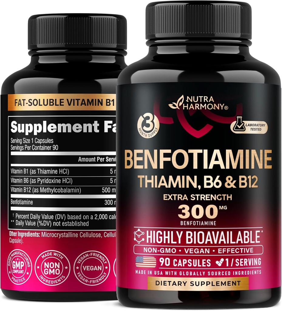Benfotimin 300 mg - Nerve Support, Energy & Metabolism Support - Benfotiamine Supplement Fat-plastik Vitamin B1 - Yüksek Biyo kullanılabilir & Absorbable - Thiamin, B Vitamin12 & B6 - 90 Capsules