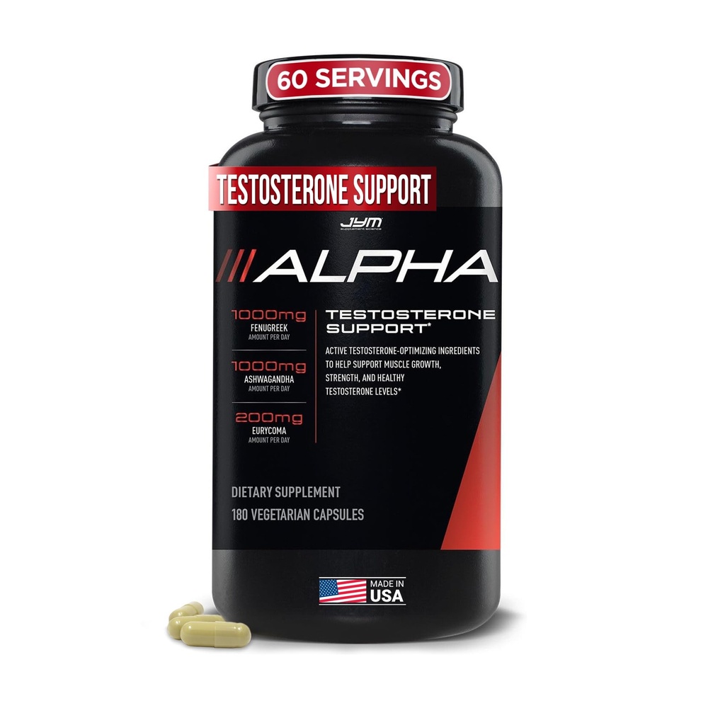 Alfa JYM testosteron Desteği | Erkek Vitality, Hormon Optimizasyon, Ashwagandha, Fenugreek, Eurycoma, Damiana, Quercetin, DIM | JYM Supplemental Science | 180 Vegetarian Capsules