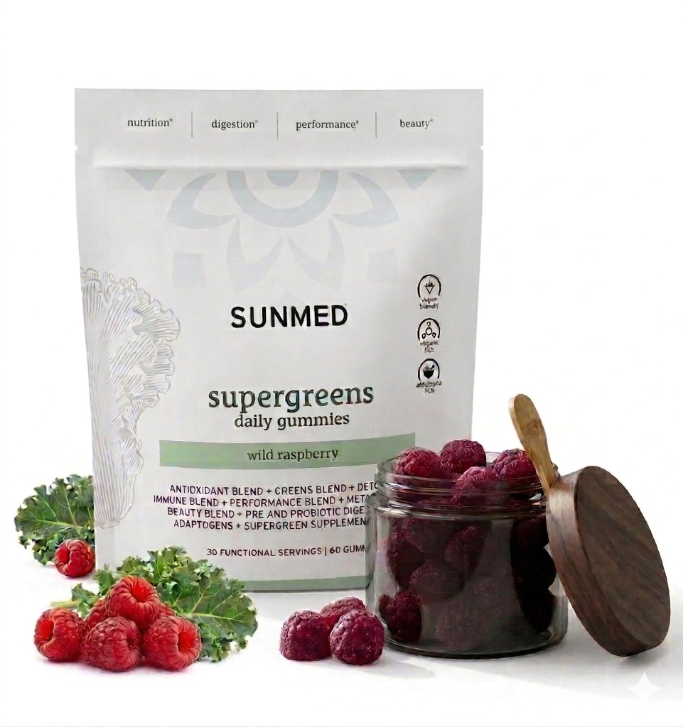 SUNMED Supergreens Daily Gummies - Ashwagandha, Green Tea, Spirulina, Probiyotiks, Antioksis & Detox Support for Immunity, Gut, Skin & Brain Health | Wild Raspberry, 60ct
