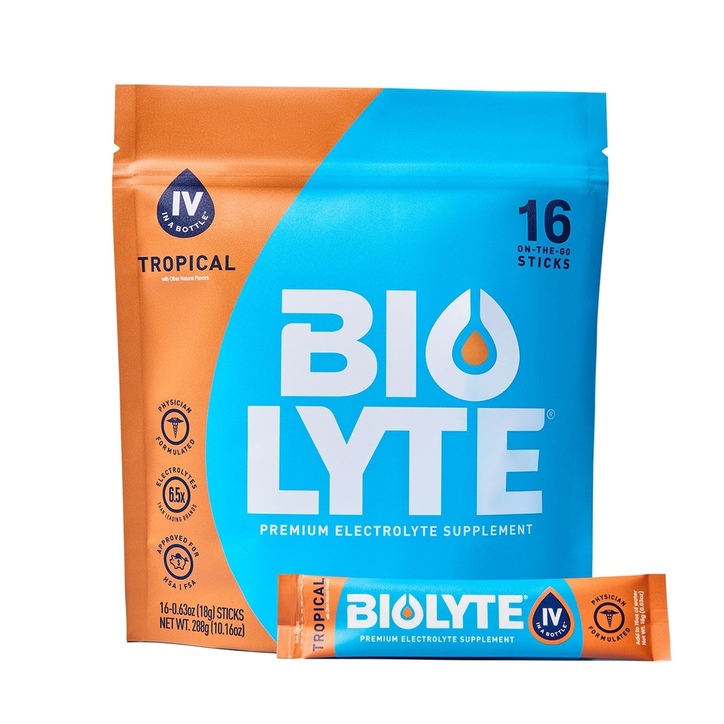 BIOLYTE IV Elektrolyte Toz Paketleri, IV Sıvı İçme Suyu, Doktor-De Geliştirmek için Mix, HSA & FSA Onaylı Dehidrasyon Yardımı, Chemoterapi Kadınlar ve Erkekler için Gereklidir - Tropikal (16 Sticks)