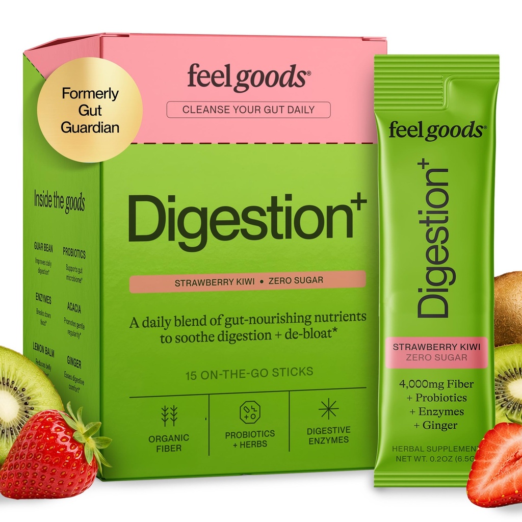 Goods Gut Guardian, Organik Fiber, Probiyotik & Prebiyotik Toz, Sugar Free, Herbs for Bloat, Gut Health Support, Digestive Health for Men & Women, Non GMO, Vegan, Strawberry Kiwi, 15 Count