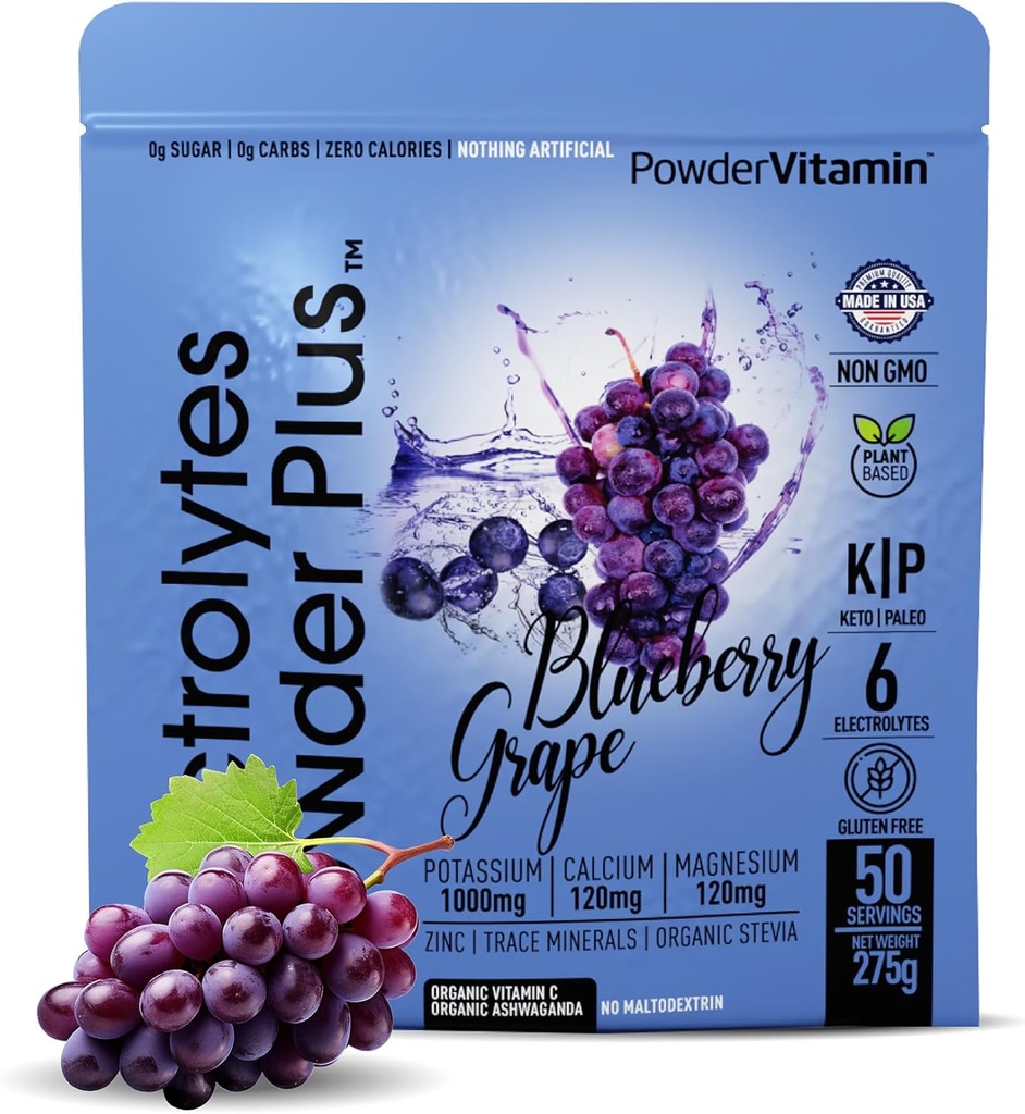 Elektrolytes Toz Plus (50 Hizmetler), 0 Calorie Keto, 0 Sugar, No Maltodextrin,1000 mg Pyum,120 mgelli,120 mg Magnezyum, Hydration Toz (50 Hizmet, Blueberry Grape)