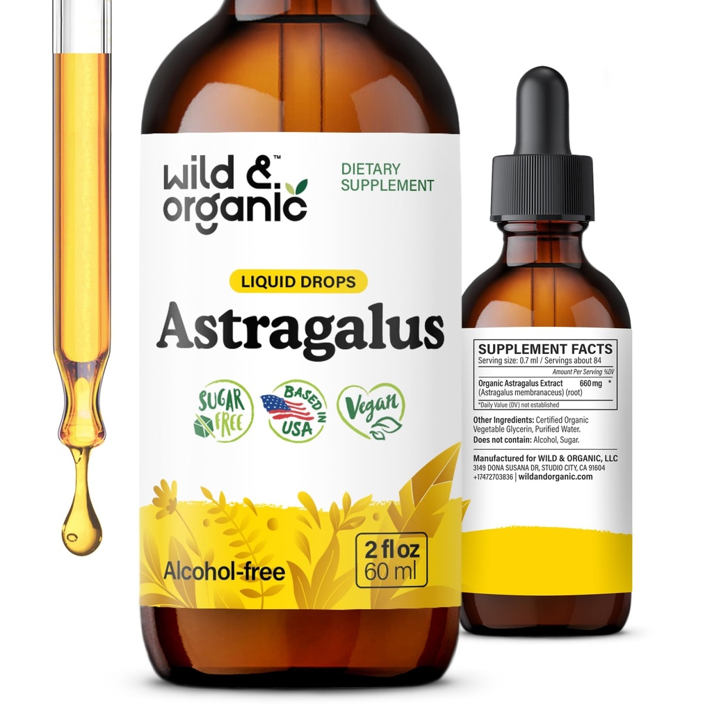 Wild & Organic Astragalus Tincture - Immune Support Drops w/Astragalus Root Extract - Herbal Supplement for Calmness & Relaxation - Vegan, Sugar & Alkol Free - 2 fl oz