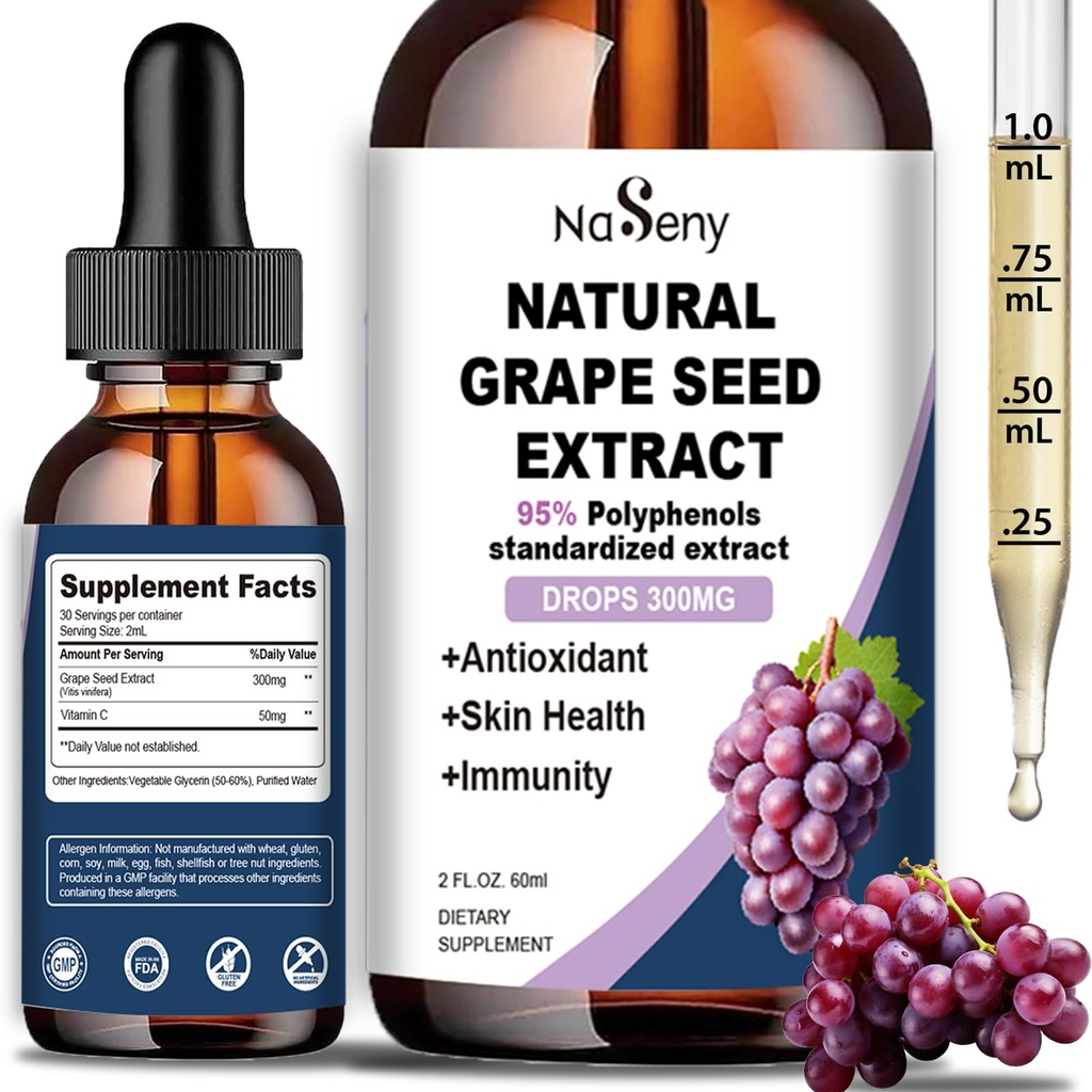 Doğal Grape Tohum Taklitleri-300 mg Grape Tohum Ölçeği - Maksimum Güçlü Vitis Vinifera Tohum Tincture, Standartlaştırılmış% 95 Polyols, Non-GMO, Gluten Free (60 ml)