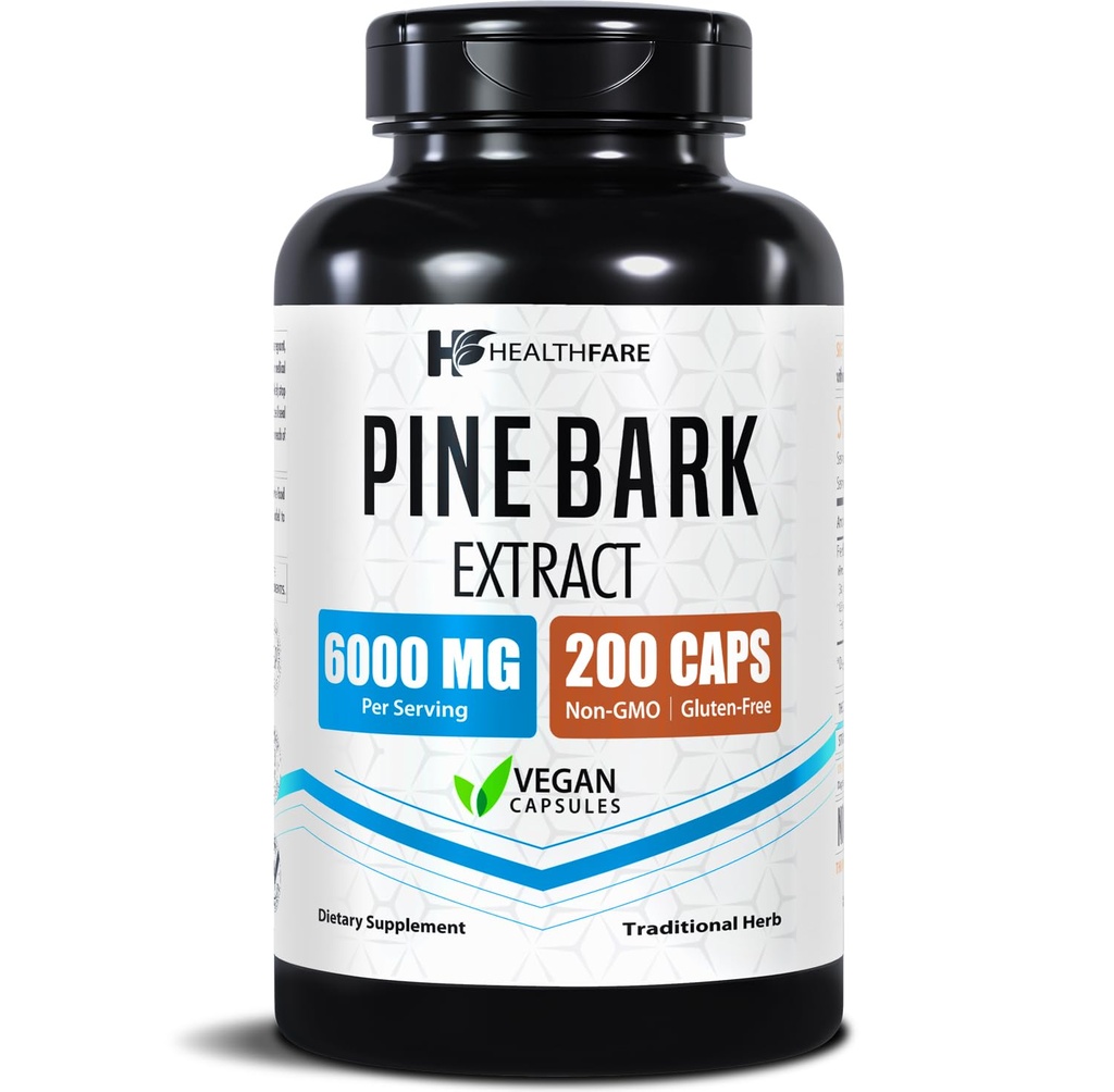 Healthfare Pine Bark, 6000 mg Fransız Deniz | 200 Vegan Capsules | Standartlaştırılmış% 95 OPC Proanthocyanidins | Antioxy Herbal Supplement | Non-GMO, Gluten-Free | Made in USA