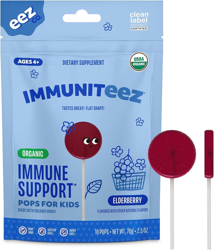 Immuniteez Organic Elderberry Lollipops for Kids - Immune Support with Vitamin C, D, E, çinko ve Organik Honey - Gluten Ücretsiz Çocuk Vitaminleri - 10 Kont Bag