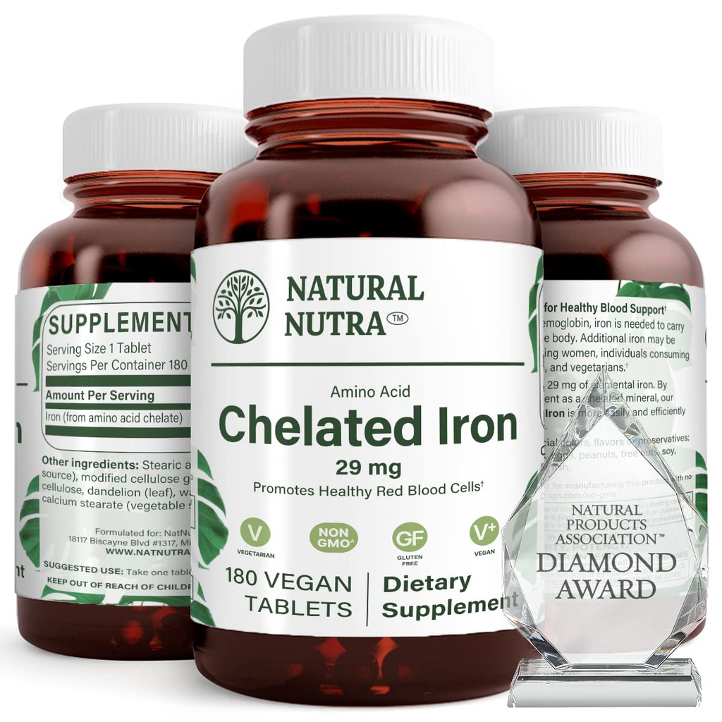 Doğal Nutra Chelated Iron Supplement for Men & Women, Nails Health, Optimal Aborpsiyon, Gelişmiş Demir Seviyeye Yardım, Vücut Fulid'i Geliştirmeye Yardım, Saç Büyümesini Geliştirmeye Yardım, Cilt Sağlığı, 180 Tablet