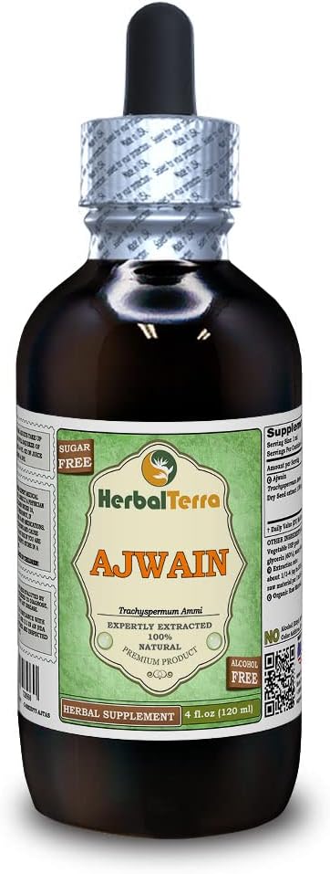 Ajwain (Trachyspermum ammi) Glycerite, Organic Seeds Alcohol-Free Liquid Extract (Brand Name: HerbalTerra, Proudly Made in USA) 4 fl.oz (120 ml)