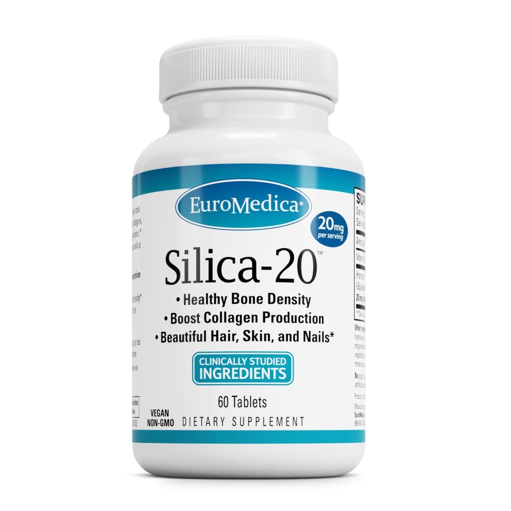 EuroMedica Silica-20 - Tamam Destekler Bone Structure & Collagen Production - Güçlü Dişler ve Sağlıklı Kemik Yoğunluğu Desteği - Saç Saç Saçları, Skin & Nails Health - 60 Tabletler (30 hizmet)