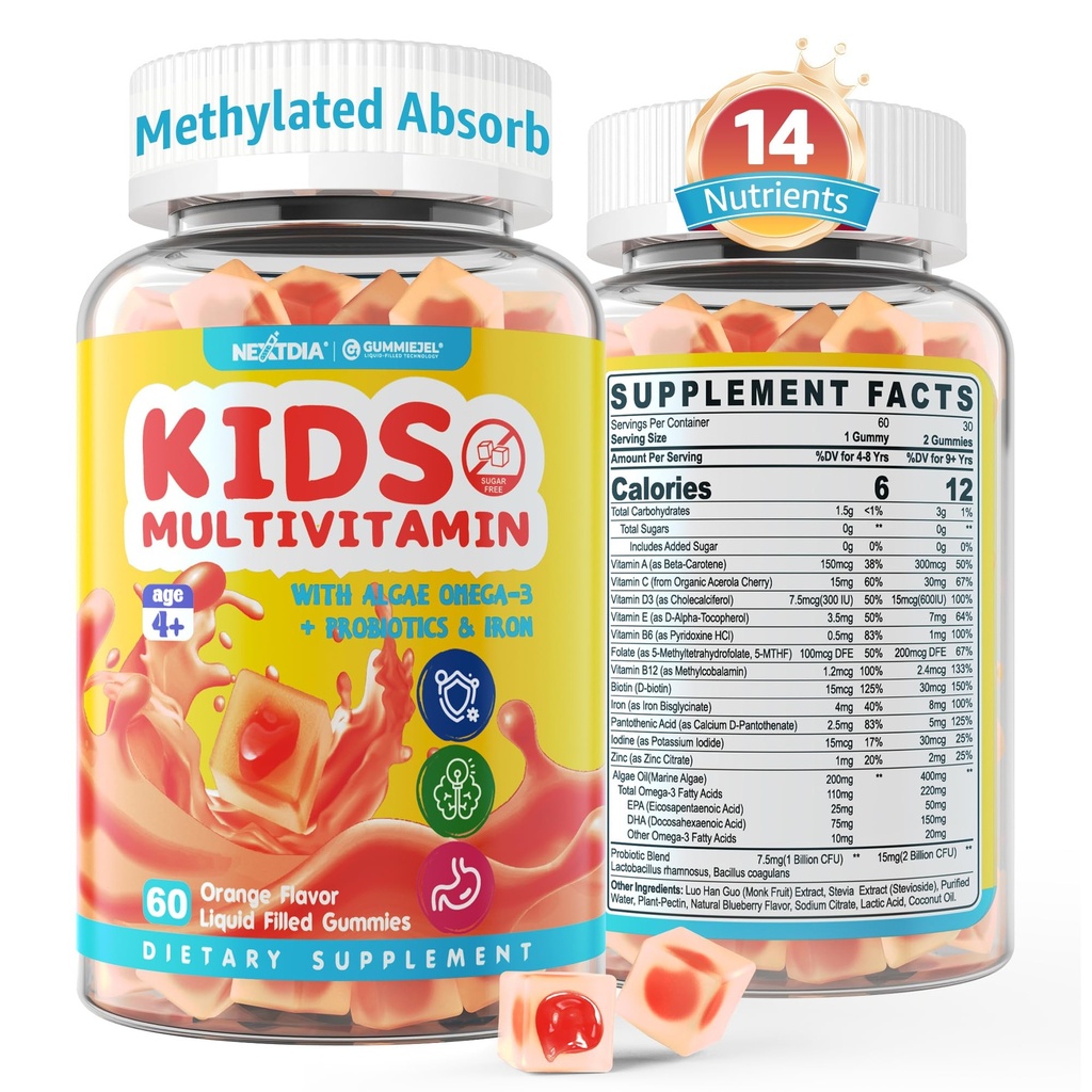 Iron, Sugar Free, Kids Daily Vitamins + Probiyotiks, Algae Omega 3 (EPA/DHA), A, C, D, Torch B12, Folate, B6, çinko, Biotin, sağlıklı büyüme için, 60.
