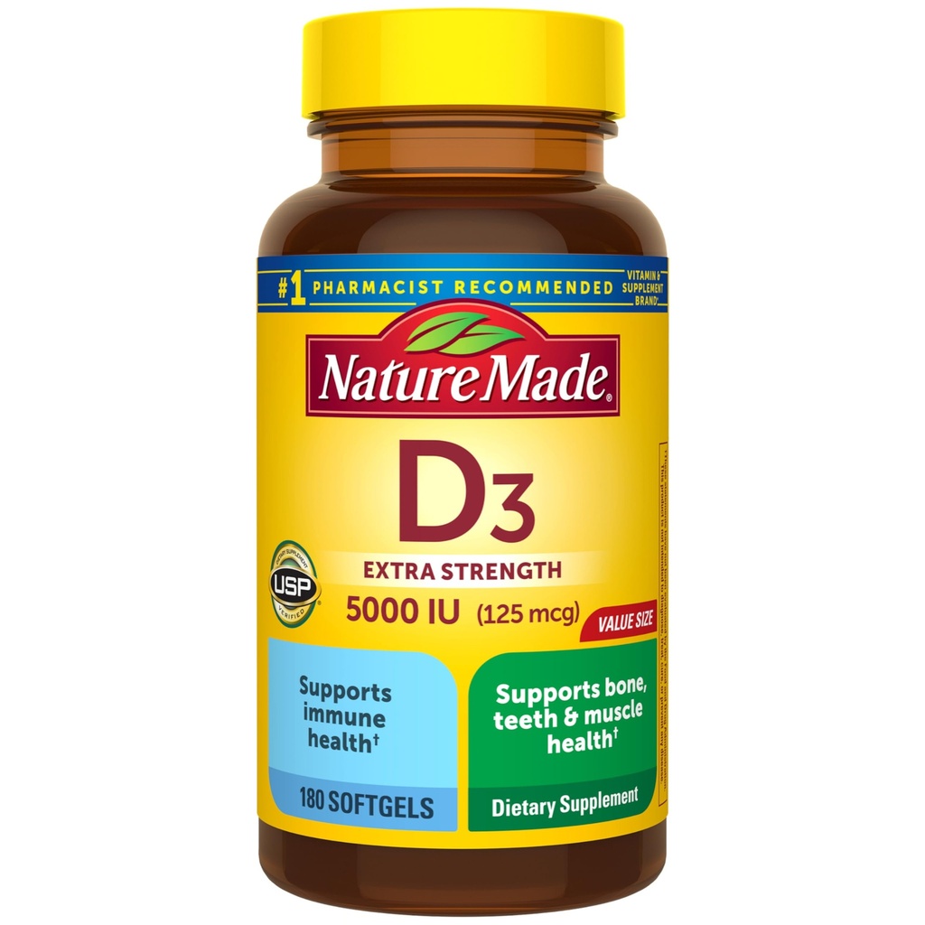 Nature Made Vitamin D3 5000 IU (125 mcg) Softgels, Ekstra Kuvvetli Vitamin D Supplement for Bone and Immune Health Support, 180 Kont, 180 Day Supply