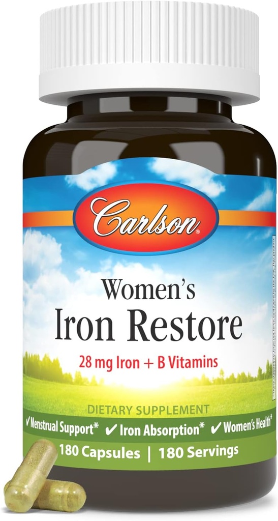 Carlson - Women's Iron Restore, 28 mg Iron + B Vitamins, Menstrual Support, Iron Absorption & Women's Health, 180 Capsules