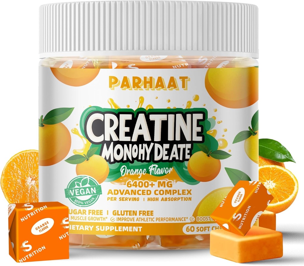Cildin Monohidrat Chews Complex 6400 mg for Men & Women -Advanced Formula W/L-Taurine + Vitamin B12, Sugar Free Chewable Supplement,60 Orange Softchews
