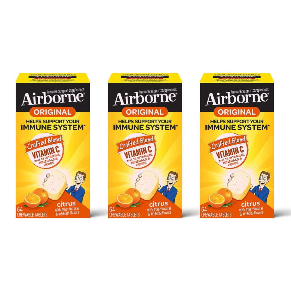 Airborne Vitamin C 1000mg (per Serving) - Citrus Chewable Tablets (64ct/Box), Gluten-Free Immune Support Supplement, Vitamins A C E, ZINC, Selenium, Echinacea, Ginger, Antioxidants (3-Pack)