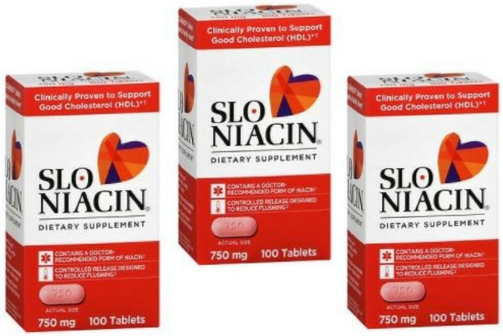 SLO-NIACIN Dietary Supplement Once Daily with 750 mg Niacin Vitamin B from Nicotinic Acid for High Absorption 100 Tablets per Bottle 3 pack