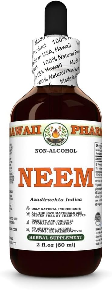 Neem Alkol Özgür Sıvı Ekstraksiyon, Organik Neem (Azadirachta Indica) kuru Leaf Glycerite Natural Herbal Supplement, Hawaii Pharm, USA 2 fl.oz