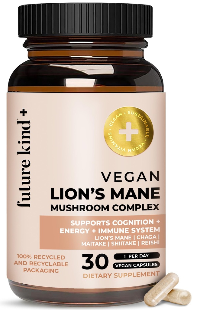 Future Kind Vegan Lion's Mane Mushroom Kompleksi - Chaga, Maitake, Shiitake, & Reishi, Supports Memory and Focus (30ct)