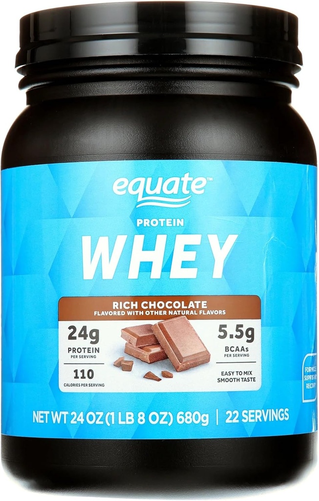 Equates Whey Protein Toz, Zengin Çikolata, Hizmet başına 24g Protein, 5.5g BCAAs, Whey Isolate Mix, 22 Hizmet, Smooth & Delicious, Unisex, Kas Recovery Supplement, 1.5 lbs