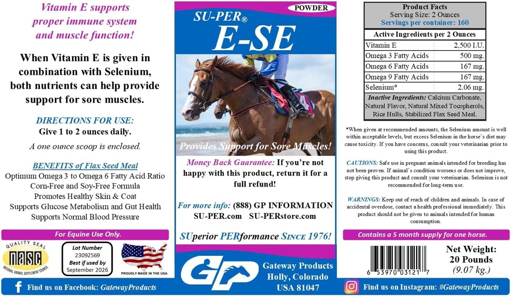 SU-PER E-Se Horses Antioksi Supplement - Sore Kass Desteği için E & Selenium - 20 Pound