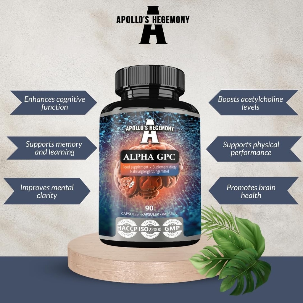 APOLLO'S HEGEMONY Alpha-GPC 600mg per Daily Dose - 90 Vegan Choline Capsules - 99% Choline Alfoscerate Dietary Supplement - Lipid Choline - Memory and Concentration Capsules