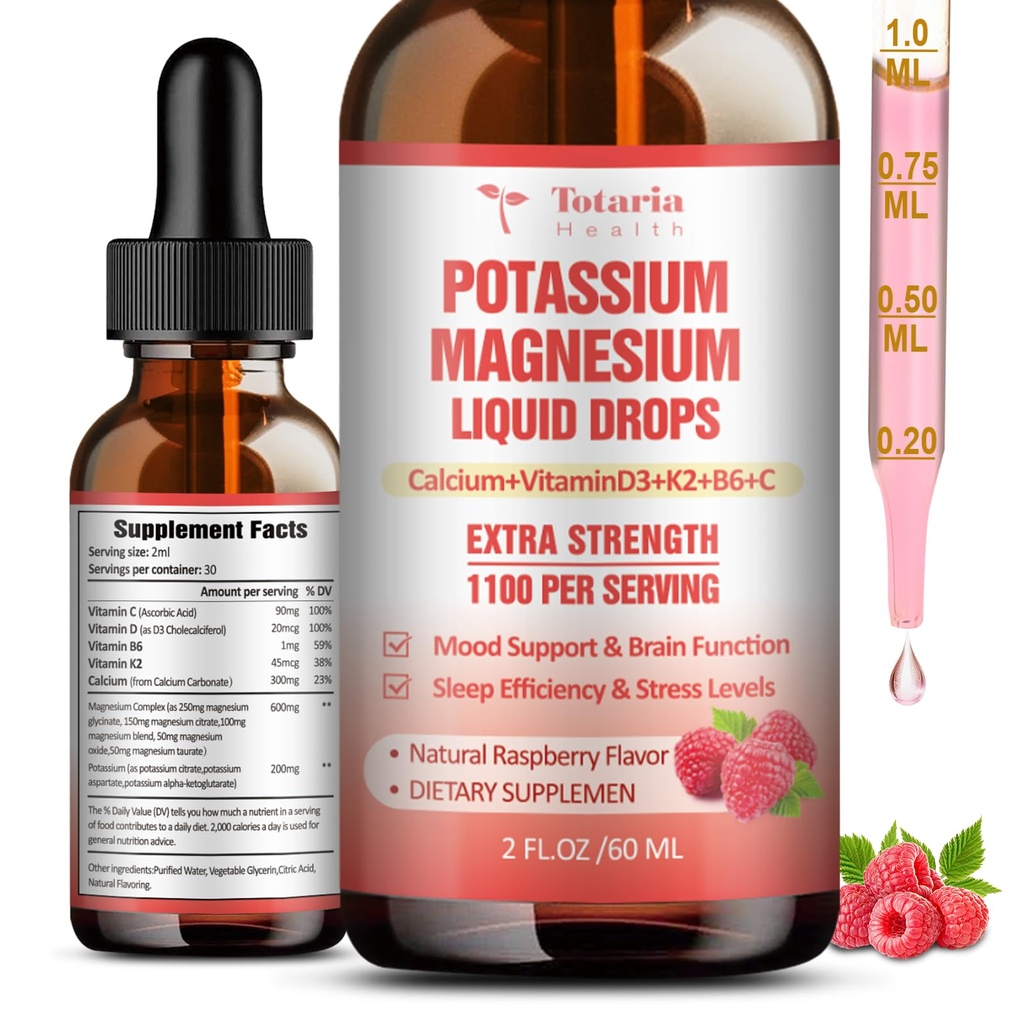 Potasyum Magnezyum Tamamı Sıvı Merdivenler - Yüksek Aborpsiyon Potasyum Ek Magnezyum, Kalsiyum, D3 K2, Vegan, Non-GMO Potasio Support Leg Cramps, Bone, Muscle - 2 Fl oz