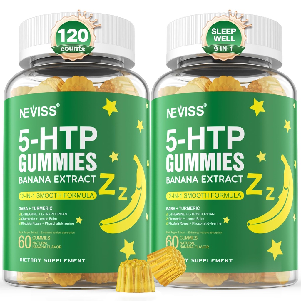5-HTP 400MG Gummies + GABA - Melatonin Free - Relaxation Gummies with Banana Extract, L-Theanine, Turmeric, L-Tryptophan, D3 for Healthy Rest Cycle, Circadian Rhythm, Brain & Muscle Relax, Pack of 2