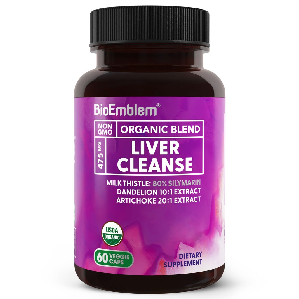 BioEmblem USDA Organik Liver Cleanse -% 80 Silymarin Milk Butle Extract for Liver Health and Liver Function with Dandelion & Artichoke Extracts - 100% Vegan, Non-GMO - Herbal Liver - 60 Capsules