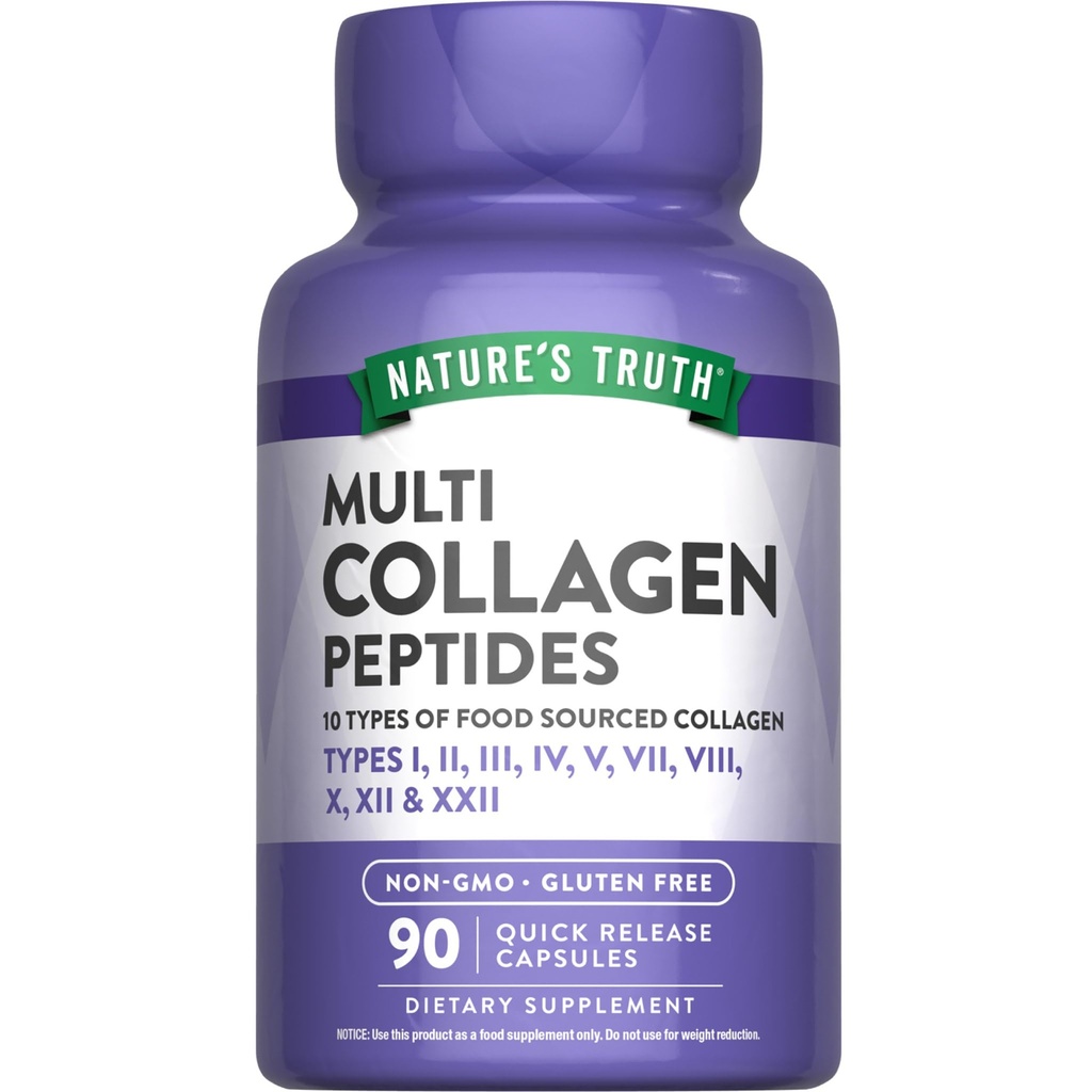 Nature's Truth Multi Collagen Peptides Capsules | Types I, II, III, IV, V, VII, VIII, X, XII & XXII | 2000 mg | 90 Count | Keto Friendly | Non-GMO and Gluten Free Supplement