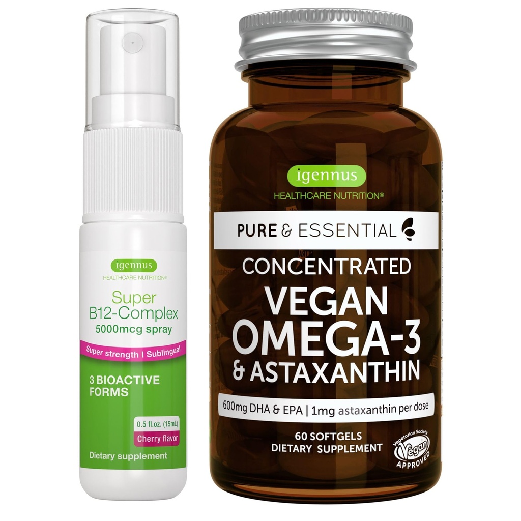 Vegan Omega-3 Algae Oil + Super B12-Complex 500006 Vegan Sche, High Concentration DHA & EPA + High Strength B12 Cherry Flavor Sublingual Spray, by Igennus