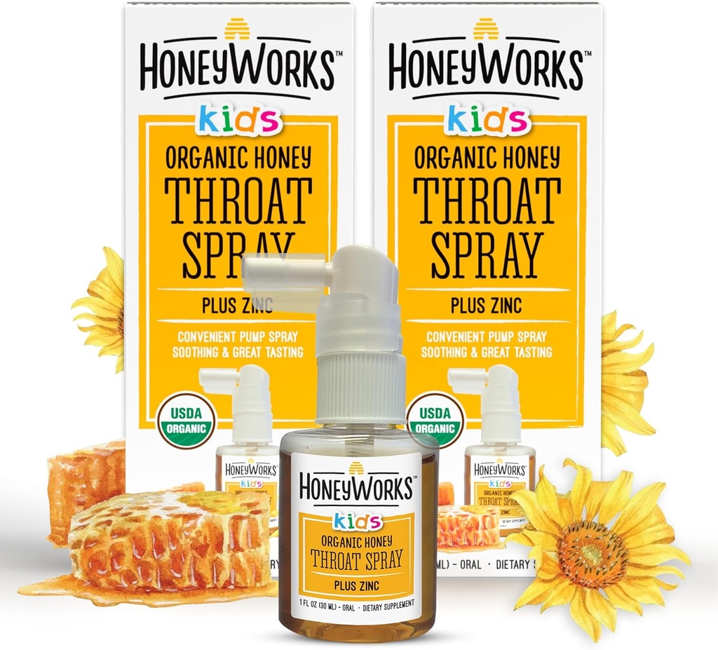 HoneyWorks Kids Throat Spray for Sore Throat Relief, 1 Oz (Pack of 2) Soothing Non-GMO USDA Organic Dark Honey + Zinc, Fast-Acting Relief, 12 Months+