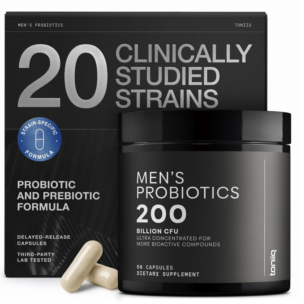 Toniiq Mens Probiyotik ile 20 Doğrulanmış Strains – 200 Bilion CFU + 200 mg FOS Prebiyotik – Mens Probiyotikler for Gut Health - Cold-Chain & Geed-Release – Lab-Tested Synbiyotik Formula