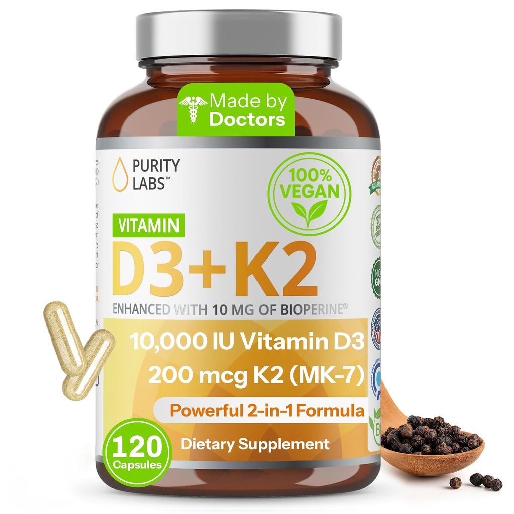 D3 K2 10000 IU, (250 C) D3 + 200 C2 MK7 - Biyoperine ile Geliştirilen Destek Desteği - Günlük Savunma, Bone, Muscle & Skin Health - 120 Capsules