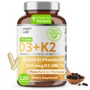 D3 K2 10000 IU, (250 C) D3 + 200 C2 MK7 - Biyoperine ile Geliştirilen Destek Desteği - Günlük Savunma, Bone, Muscle & Skin Health - 120 Capsules
