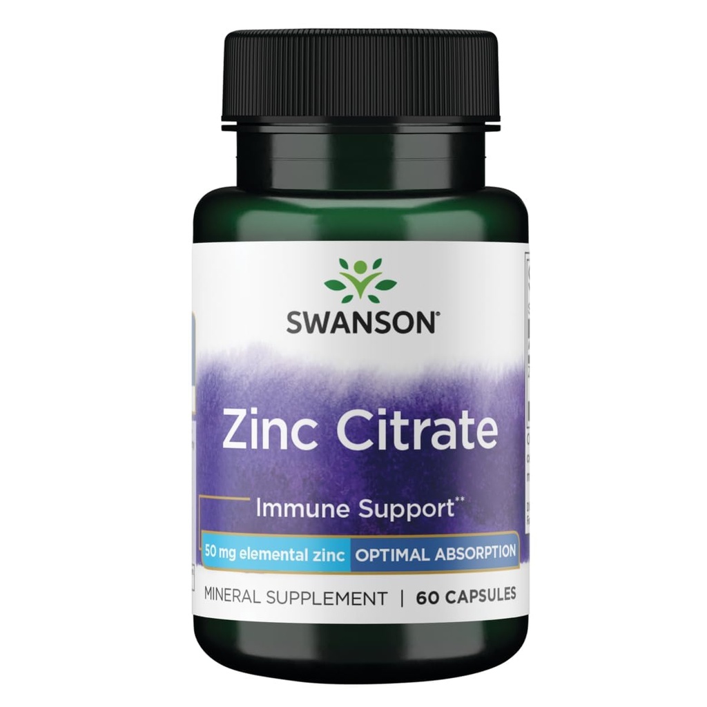 Swanson çinko Citrate - Mineral Supplement Sağlıklı Vizyon ve Immune System Health - Doğal Formula Genel Wellness Destek - (60 Capsules, 50 mg Her)