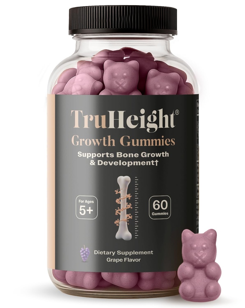 TruHeight Büyüme Gummies (Grape) Çocuklar ve Gençler için Doğal Büyüme ve Geliştirme Tamamı - D vitamini, K, Kalsiyum & Ashwagandha - Bone Strength Vitamins D3 K2 - Picky Eater Vitamini - 5+