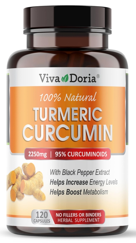 Viva Doria Turmeric Curcumin with Black Pepper Extract 2250 mg,% 95 Standardized Curcuminoids - Max Abors için siyah Pepper, 120 Sebze Capsules