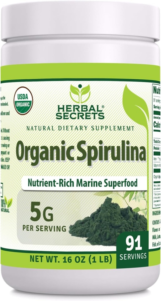 Herbal Sırları Organik Spirulina Toz 16 Oz / Non-GMO | Gluten Free | Made in USA