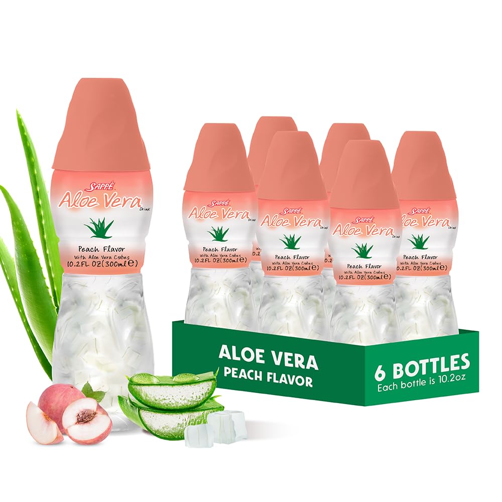 Aloe vera juice (Peach flavored) with bigger chunky pure aloe pulp (6 Packs) Plant based juice great for hydration and contains large aloe pulp. It is healthy for adults and kids