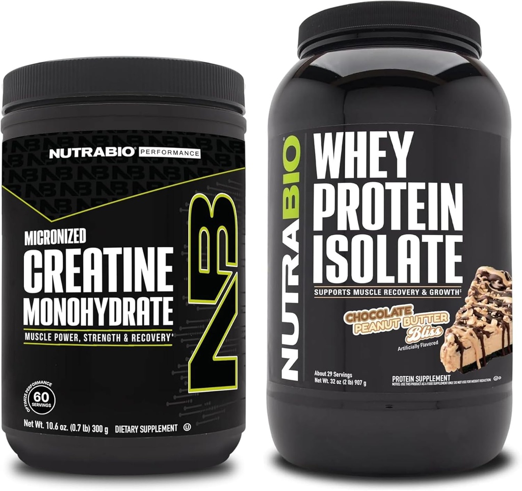 NutraBio Kretine Monohidrat, Unflavored, 300g ve Whey Protein Isolate, Chocolate Peanut Butter, Supplement Sche - Muscle Energy, Lean Muscle growth, Recovery, and Strength