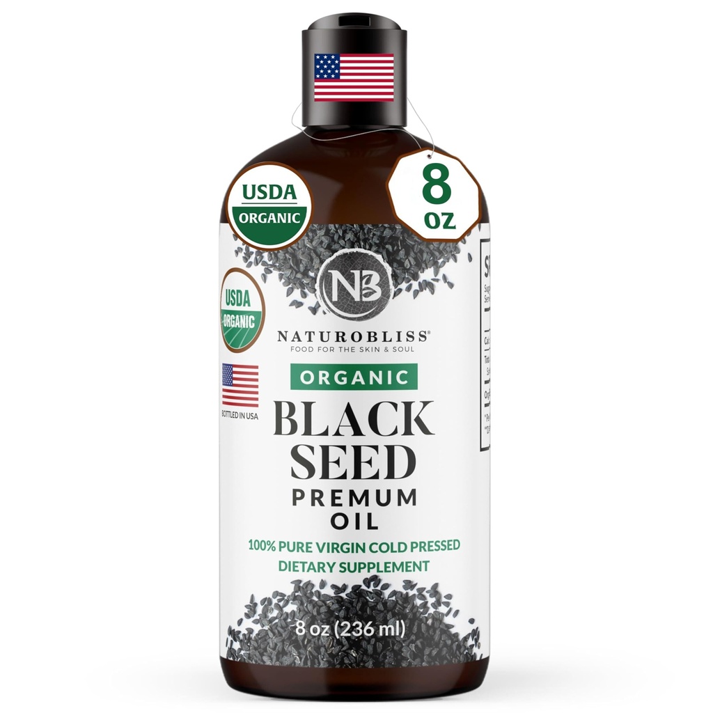 NaturoBliss Organik Siyah Tohum Yağı 100 Virgin Cold Pressed Omega 3 6 9 Super Antioksi for Immune Support, Joints, Mobility, Digestion, Hair Skin Vegan, Gluten-Free, Non-GMO USDA Sertifikalı 8oz