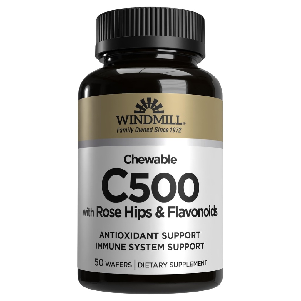 Windmill Natural Vitamins C 500 mg, Rose HIPS ve Bioflavonoids ile, Immune ATM, Antioksi Support, Chewable Tabletler, Acerola Berry, 50 Tablet, 50 Hizmet