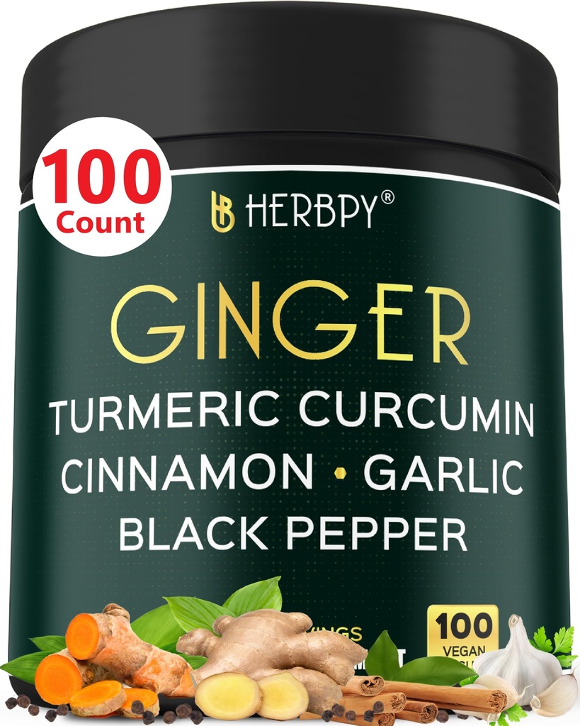 5in1 Ginger ve Turmeric Supplements with Ceylon Cinnamon, I - Digestion, Immune, Brain & Heart Health Support - 100 Vegan Capsules