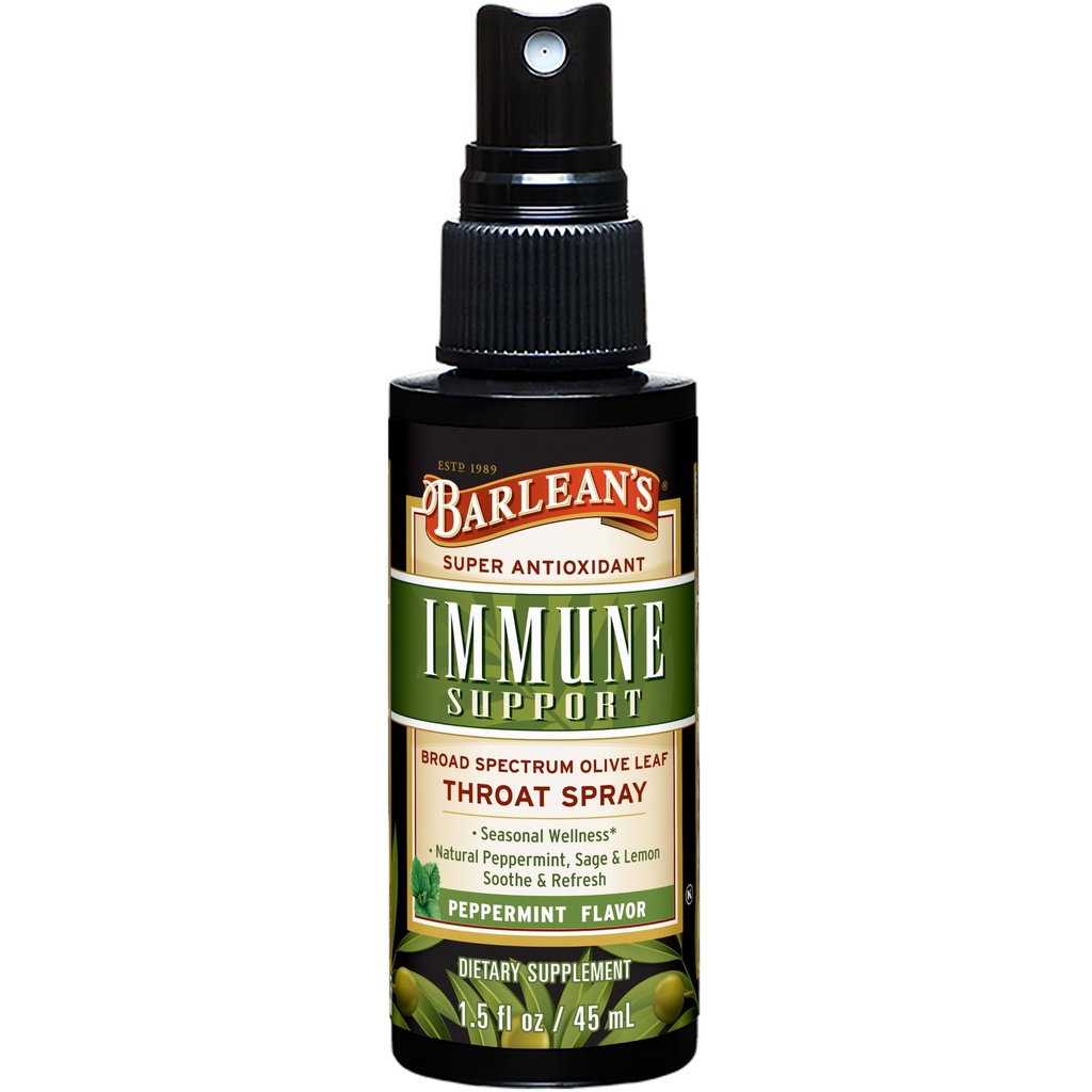 Barlean'ın Zeytin Yaprak Kompleksi Throat Mix, Immune Support Supplement with Peppermint, Lemon, and Sage for Itchy Throat Relief, Liquid Mixed Extract, 1.5 oz